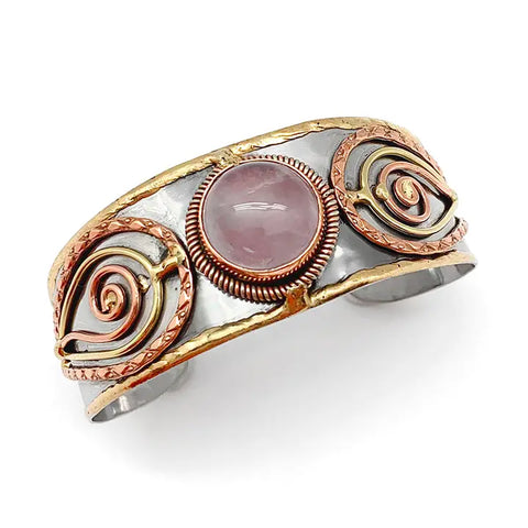 Narrow Mixed Metal Cuff Bracelet - Rose Quartz (B246)