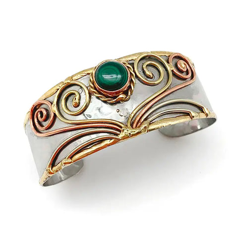 Narrow Mixed Metal Cuff Bracelet - Malachite (B245)