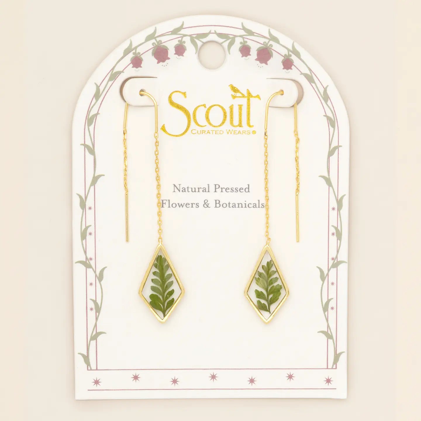 Pressed Flower Thread Earring - Green Bracken Fern/Gold (FT003)