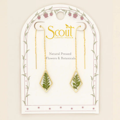 Pressed Flower Thread Earring - Green Bracken Fern/Gold (FT003)