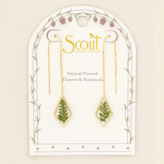 Pressed Flower Thread Earring - Green Bracken Fern/Gold (FT003)