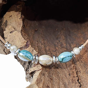Aqua and Pearl Ceramic Beaded Necklace (N59)