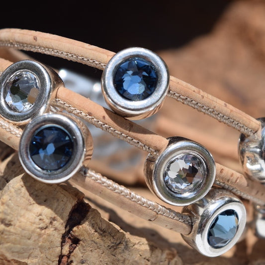Paradise Blue and Silver Swarovski 7 Coin 3 Strand Cork Bracelet (B120-2)