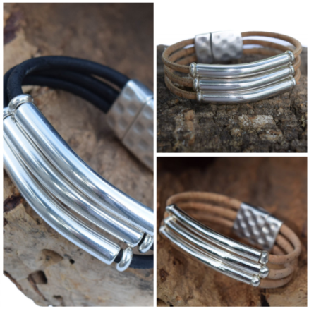 3 Silver Tubed Cork Bracelet-Multiple Colors (B54)