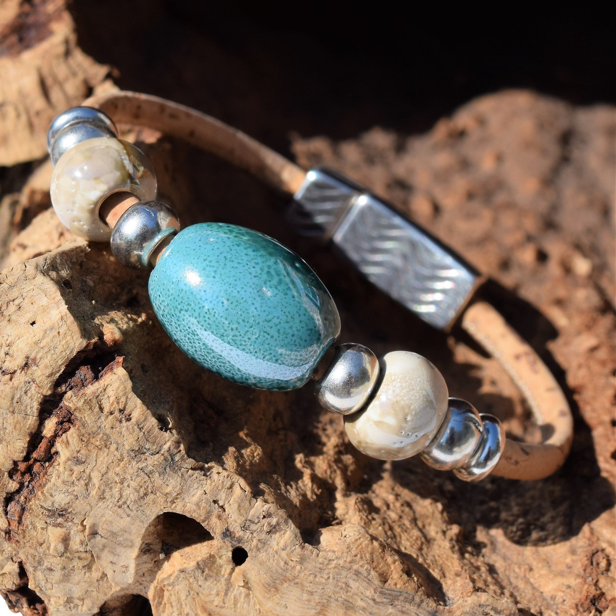 Aqua and Pearl Ceramic Cork Bracelet (B79)