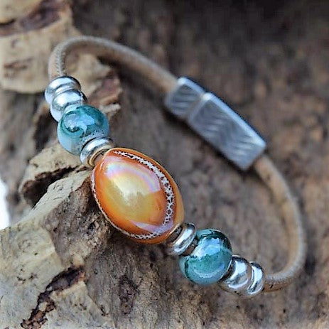 Orange and Green Ceramic Cork Bracelet (B89)