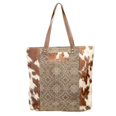 Brown Tote with Designed Front and Cowhide Sides (55559)