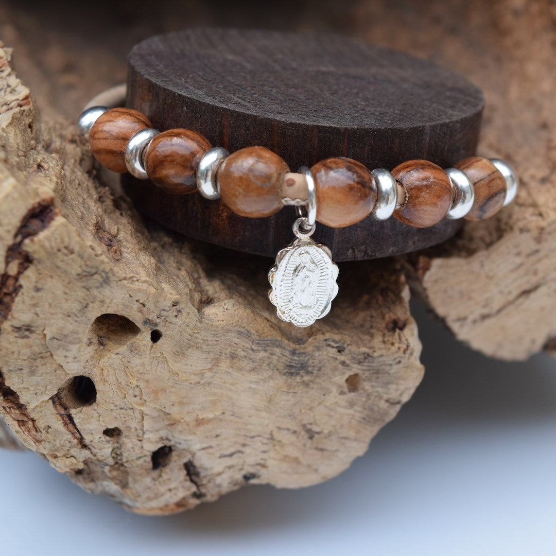 Sterling Silver Charmed Olive Wood Bracelet (B8)