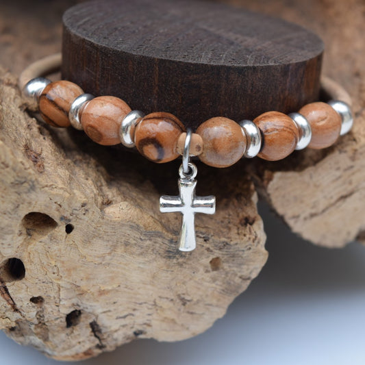 Sterling Silver Charmed Olive Wood Bracelet (B8)