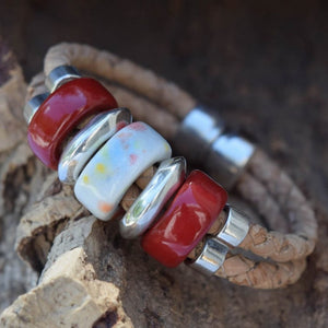Red & Red/Yellow Spotted Porcelain Beads Bracelet (B97)