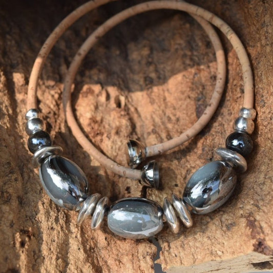 Black Turquoise Grecian Ceramic Beaded Necklace (N49)