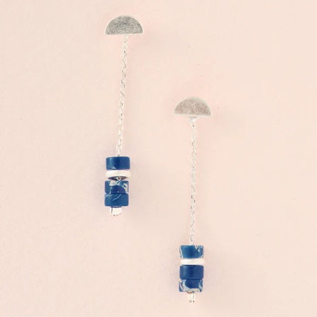 Stone Meteor Thread Jacket Earring - Lapis/Silver (EE006)
