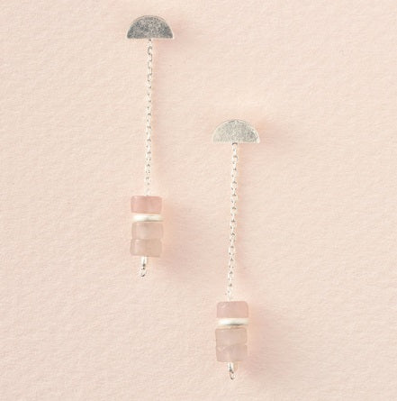 Stone Meteor Thread Jacket Earring - Rose Quartz/Silver (EE004)