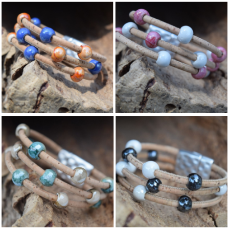 3 Strand Ceramic Beaded Layered Cork Bracelet (B51)