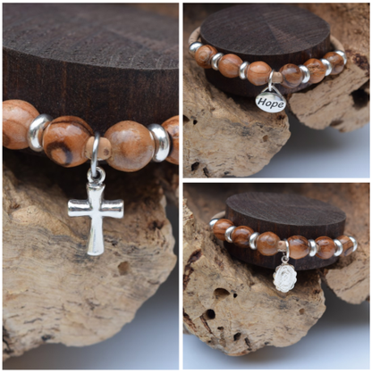Sterling Silver Charmed Olive Wood Bracelet (B8)