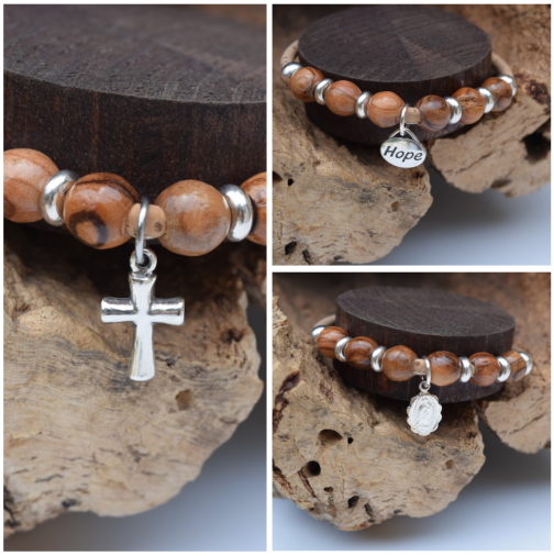 Sterling Silver Charmed Olive Wood Bracelet (B8)